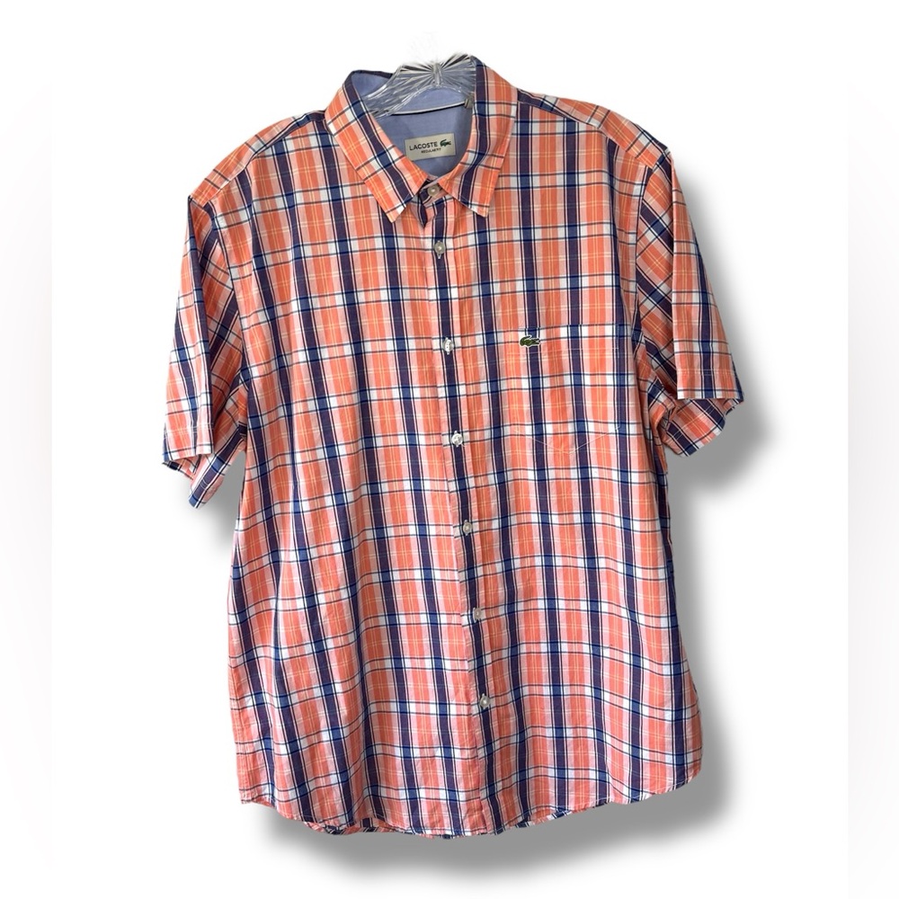 Lacoste Men's Casual Orange and Blue Plaid Short Sleeve Shirt